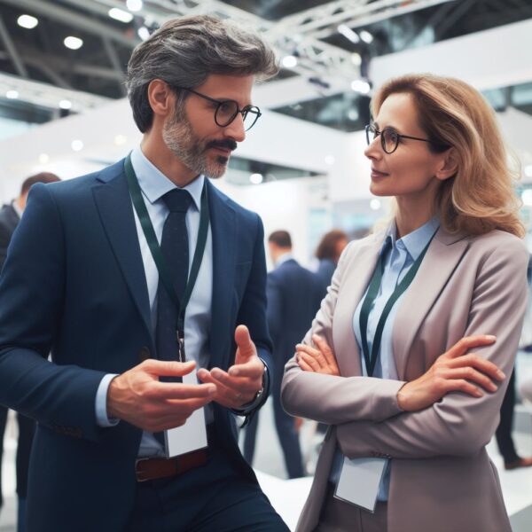 Two business people in conversation at a trade fair